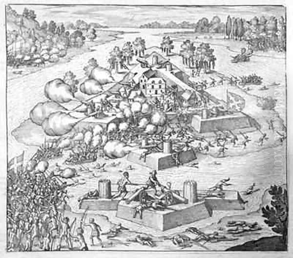 Annihilation of the French Protestant settlers, Fort Charles, Florida Oil Painting by Theodore de Bry