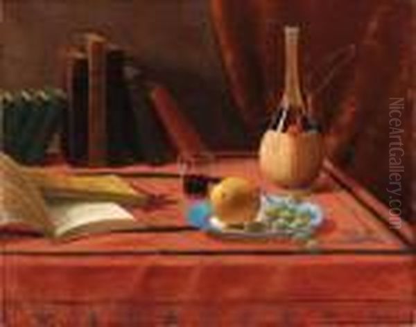 Still Life With Carafe, Books And Fruit Oil Painting by Nicholas Alden Brooks