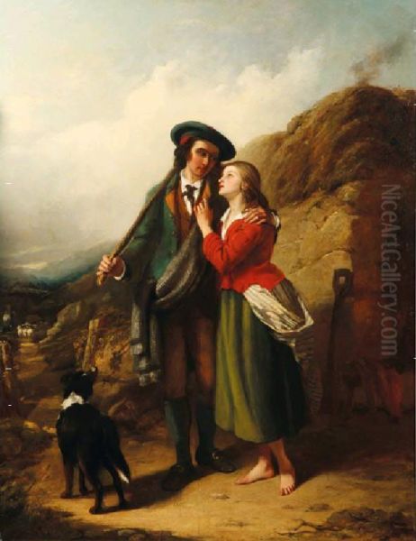 A Highlander And His Lass With A
 Sheepdog And His Flock, With Distant Views Of A Loch And Mountains Oil Painting by Thomas Brooks