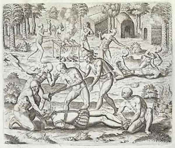 Cannibals in Darien, Panama, capturing Spaniards Oil Painting by Theodore de Bry