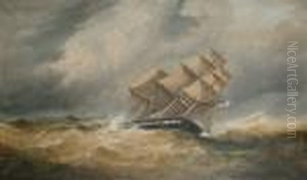 A Man Of War In A Storm Oil Painting by William Broome Of Ramsgate