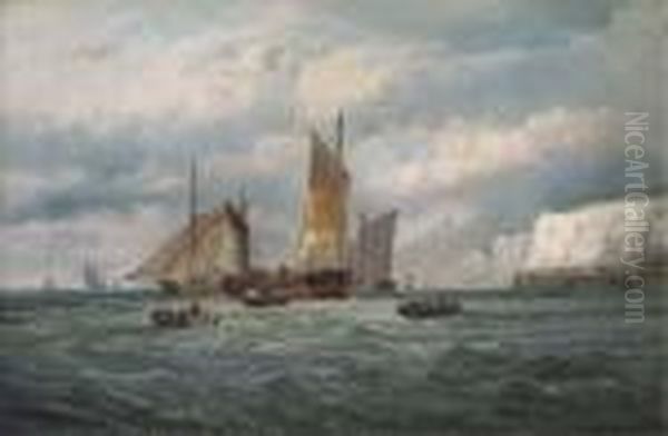 Fishing Smacks Preparing For Sea Oil Painting by William Broome Of Ramsgate