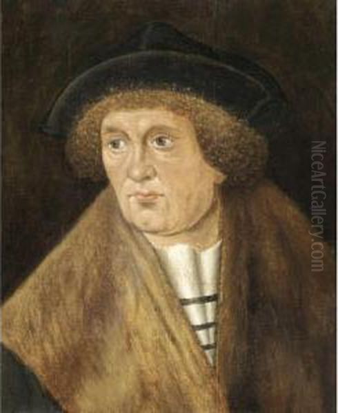 Portrait Of A Gentleman, Half Length, Wearing A Fur-lined Coat And A Black Hat Oil Painting by Hans Brosamer