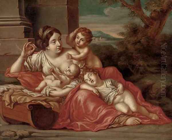 A woman with three infants in a clearing Oil Painting by Antonio Bellucci