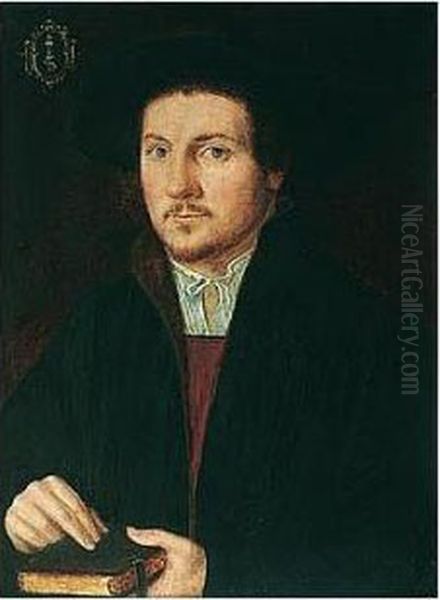 A Portrait Of A Man, Possibly A 
Doctor, Half Length, Wearing A Black Fur-lined Cape, Black Hat And 
Holding A Book Oil Painting by Hans Brosamer