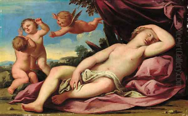 Venus sleeping in a landscape with putti playing nearby Oil Painting by Antonio Bellucci