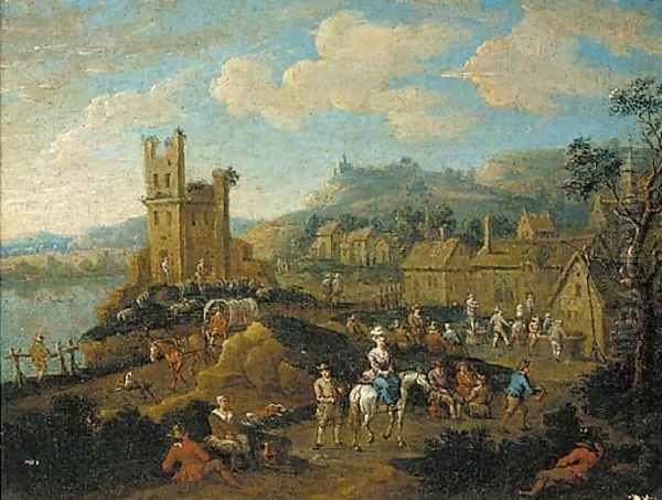 A river landscape with travellers passing through a village Oil Painting by Adriaen Frans Boudewijns