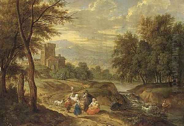 A mountain landscape with travellers on a path and a shepherd crossing a ford Oil Painting by Adriaen Frans Boudewijns