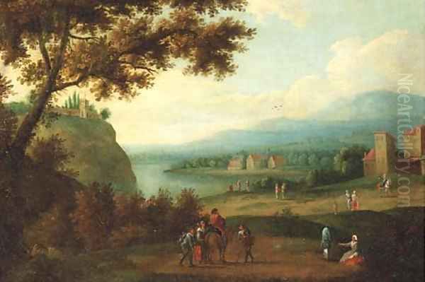 Travellers on a path, a riverlandscape in the distance Oil Painting by Adriaen Frans Boudewijns