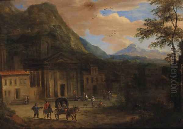 A Horse-drawn Cart ad Peasants before a Church, Mountains beyond Oil Painting by Adriaen Frans Boudewijns