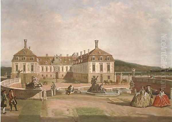 Elegant figures in the courtyard of a chateau Oil Painting by Bernardo Bellotto