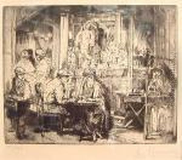 ''cafe Interior'', Etching & Drypoint, Signed. Framed Oil Painting by Auguste Brouet