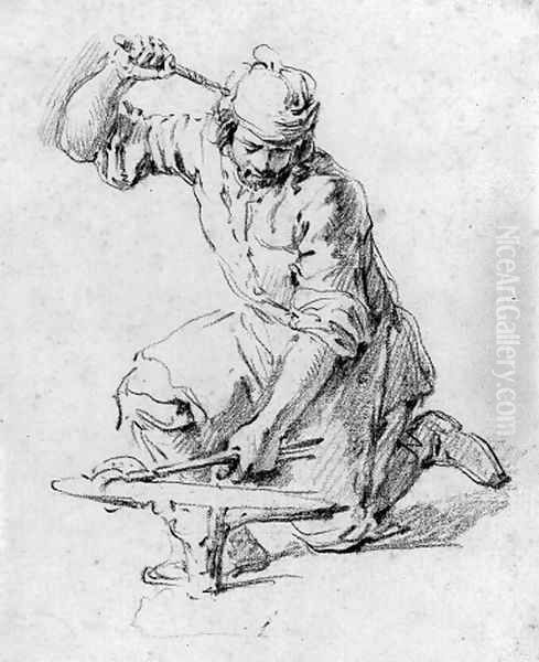 A blacksmith kneeling at his anvil Oil Painting by Pieter van Bloemen