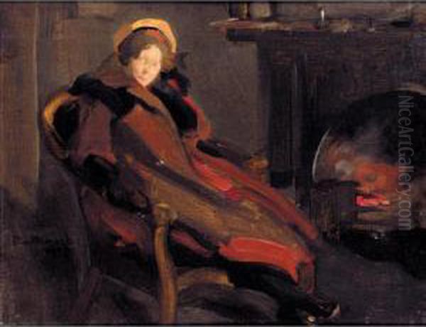 A Lady By The Fireside Oil Painting by Robert Brough