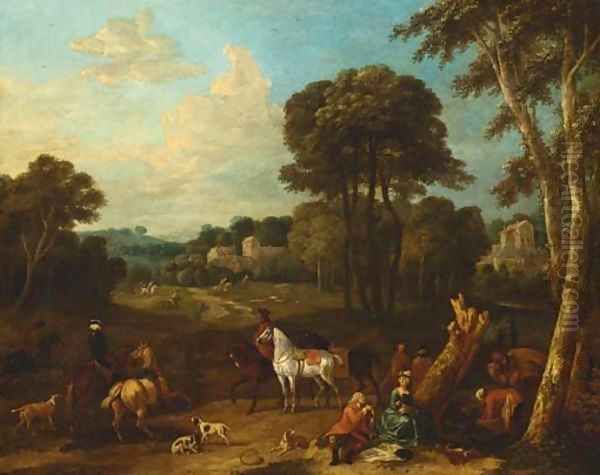 A hunting party at rest in a landscape Oil Painting by Pieter van Bloemen