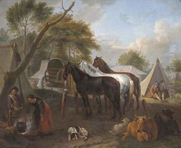 A military encampment with figures cooking in the foreground Oil Painting by Pieter van Bloemen