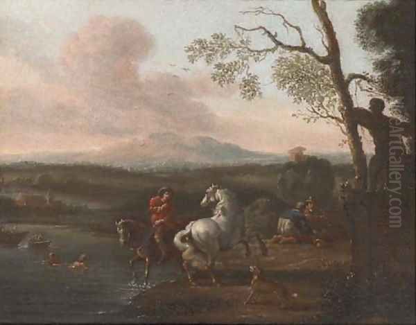 A riverside landscape with bathers and a horseman; and Figures at halt before a military encampment Oil Painting by Pieter van Bloemen