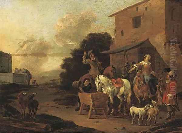 A village inn with a hunting party halting to water horses Oil Painting by Pieter van Bloemen