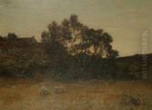 Sheep Grazing In A Landscape, A Farmstead Beyond Oil Painting by Alexander Kellock Brown