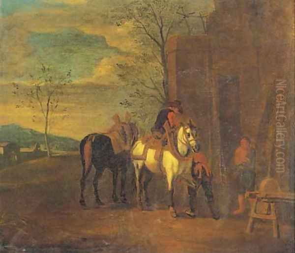 A blacksmith's yard with riders at halt Oil Painting by Pieter van Bloemen