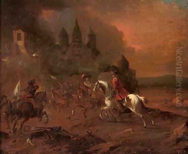 A cavalry skirmish before a town Oil Painting by Pieter van Bloemen