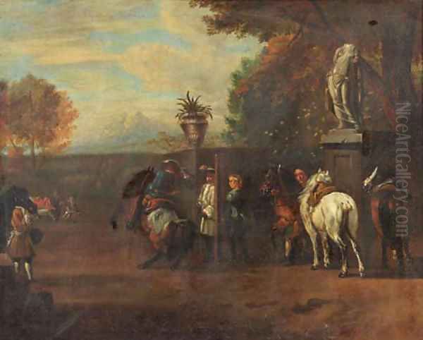 A hunting party and cavalrists at a riding school, in Italianate landscapes Oil Painting by Pieter van Bloemen