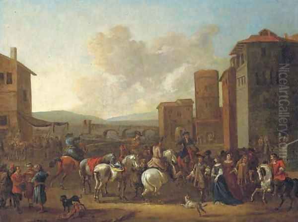 An Italianate town with horsemen, elegant figures and merchants, a bridge beyond Oil Painting by Pieter van Bloemen