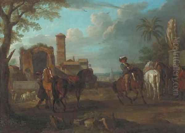 An Italianate town with Roman ruins and horsemen in the foreground Oil Painting by Pieter van Bloemen