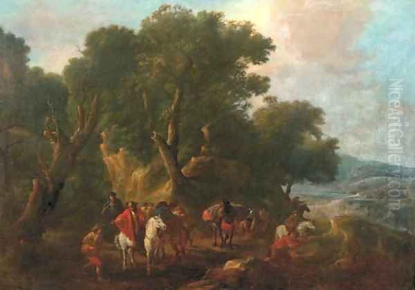 An Italianate wooded landscape with an ambush in the forground Oil Painting by Pieter van Bloemen