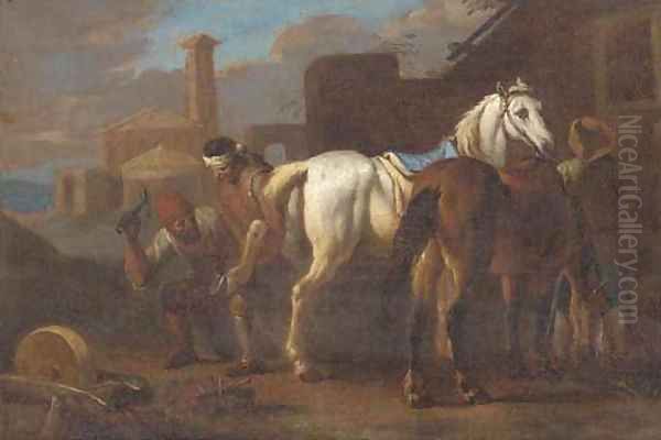 Farriers working on a horse in a village Oil Painting by Pieter van Bloemen