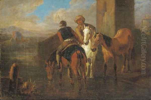 Riders at halt by a river in an Italianate landscape Oil Painting by Pieter van Bloemen