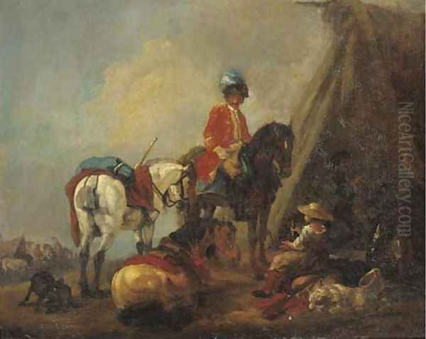 A cavalryman and a wine seller in a military encampment Oil Painting by Pieter van Bloemen