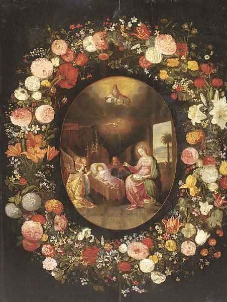 A garland of roses, tulips, jasmine and other flowers encircling an oval of The Virgin with Angels adoring the Child in the crib, with God the Father Oil Painting by Jan Brueghel the Younger