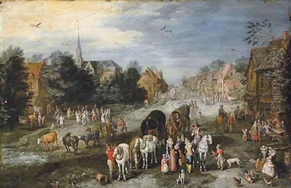 A village landscape with a kermesse Oil Painting by Jan Brueghel the Younger