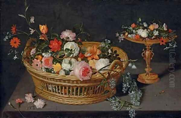 A basket of flowers with a tazza on a wooden ledge Oil Painting by Jan Brueghel the Younger