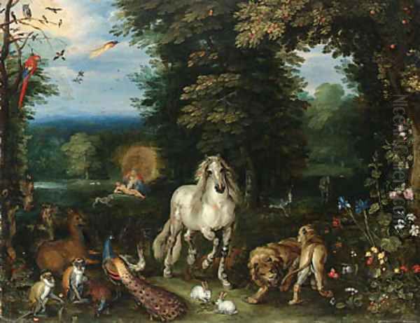 Animals and birds in the Garden of Eden, the Creation of Eve beyond Oil Painting by Jan Brueghel the Younger