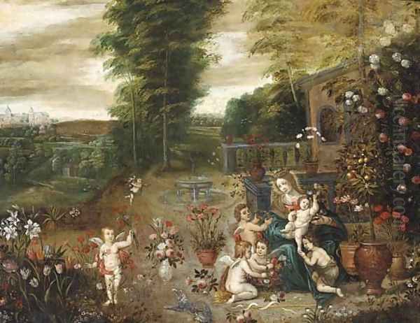 The Madonna and Child seated in a garden with the Infant Saint John the Baptist and putti Oil Painting by Jan Brueghel the Younger