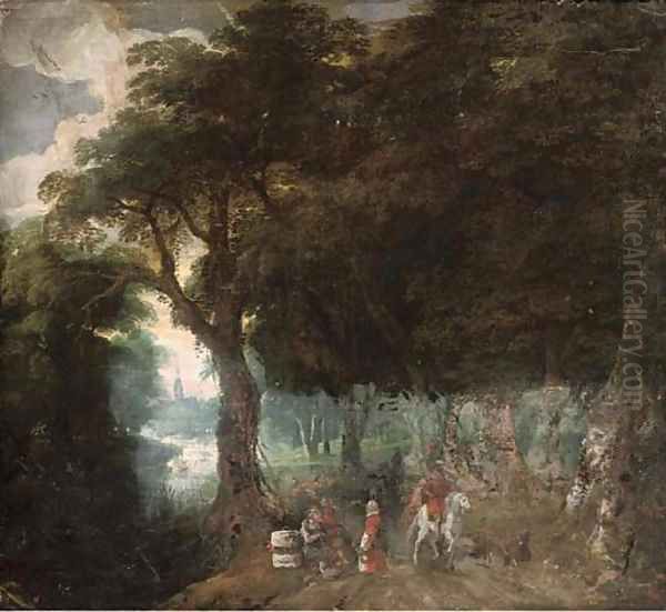 A wooded landscape with figures on a track, a church beyond Oil Painting by Jan Brueghel the Younger