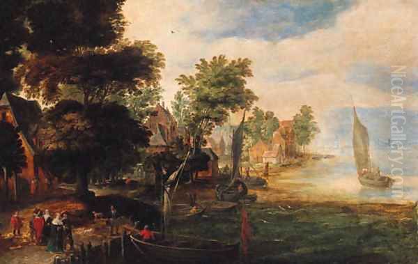 Elegant company with bargemen at a village landing stage Oil Painting by Jan Brueghel the Younger