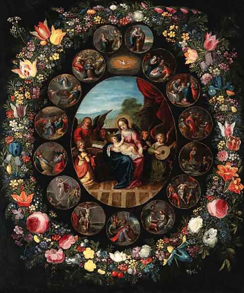 A garland of flowers surrounding a series ofroundels depicting the lives of the Virgin and of Christ Oil Painting by Jan Brueghel the Younger