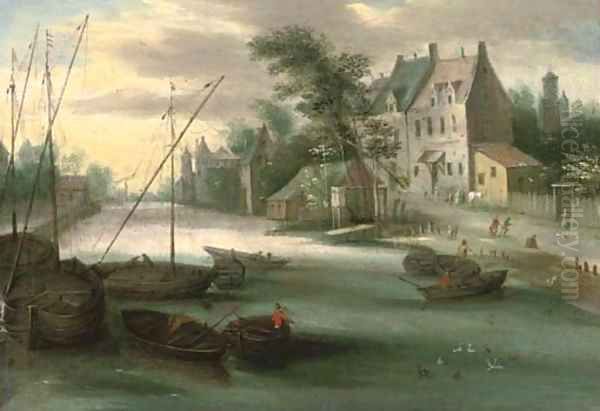 A riverside town with boats in the foreground Oil Painting by Jan Brueghel the Younger