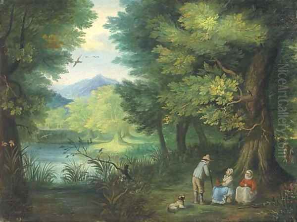 A wooded landscape with travellers at rest by a river Oil Painting by Jan Brueghel the Younger