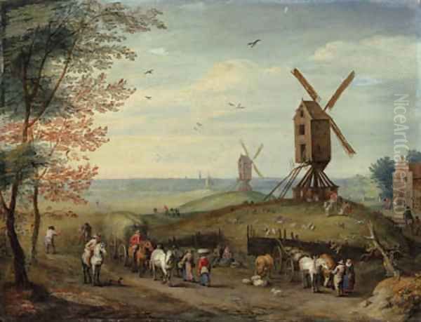 An autumn landscape with windmills and peasants harvesting Oil Painting by Jan Brueghel the Younger