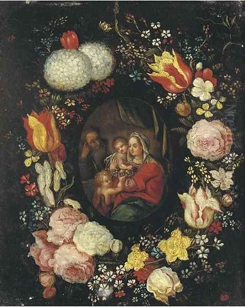 The Holy Family with the Infant Saint John the Baptist in a floral cartouche Oil Painting by Jan Brueghel the Younger