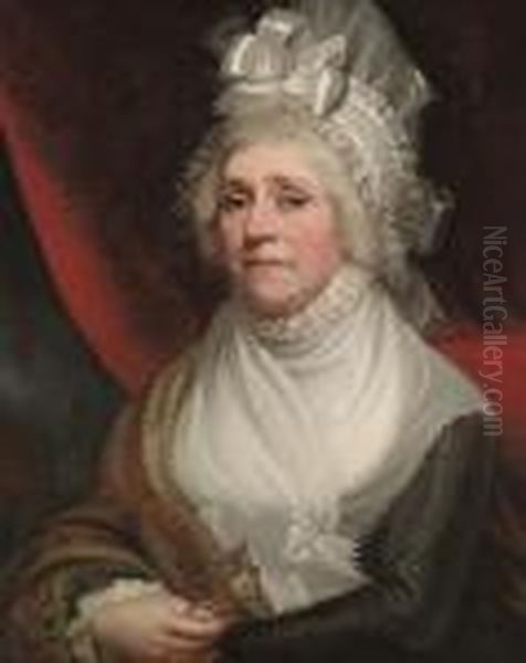 Portrait Of A Lady, Half-length,
 In A Black Dress With A Brocadeshawl And A Mob Cap, A Pair Of 
Spectacles In Her Right Hand Oil Painting by Mather Brown