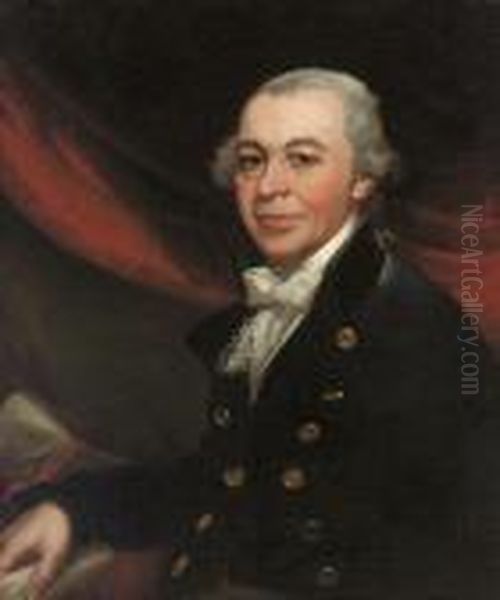 Portrait Of A Gentleman, 
Half-length, In A Navy Coat And White Cravat, Holding A Scroll In His 
Right Hand, A Red Curtain Beyond Oil Painting by Mather Brown