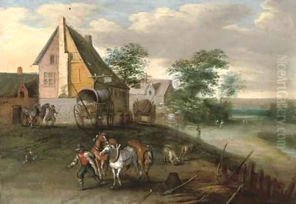 A landscape with farm labourers, their horses and wagons, buildings beyond Oil Painting by Jan Brueghel the Younger