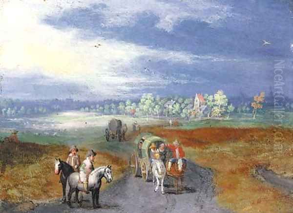 A panoramic landscape with travellers on a road, a town beyond Oil Painting by Jan Brueghel the Younger