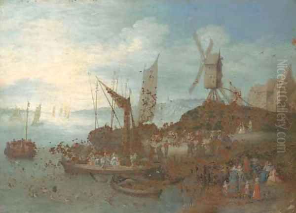 A river landscape with villagers and boats at a landing stage by a windmill Oil Painting by Jan Brueghel the Younger