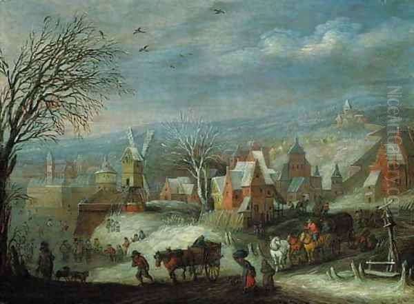 A winter landscape with travellers by a fortified town Oil Painting by Jan Brueghel the Younger